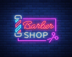 Barber shop logo neon sign, logo design elements. Can be used as a header or template for logos, labels, cards. Neon Signboard, Bright Lighting Advertising Hairdressing. Vector illustration