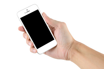 Hand holding smartphone with blank screen isolated on white background
