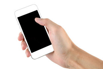 Hand holding smartphone with blank screen isolated on white background