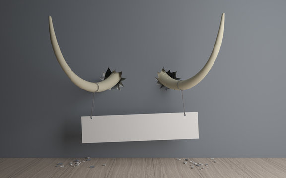 3D illustration. The tusks of the mammoth or elephant through the wall. Modern conceptual interior. Background for banner or text. Humor
