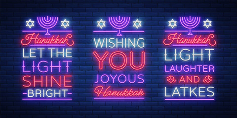 Happy Hanukkah, a greeting card collection in a neon style. Vector illustration. Neon luminous text on the subject of Chanukah. Bright banner, luminous festive sign. Jewish holiday