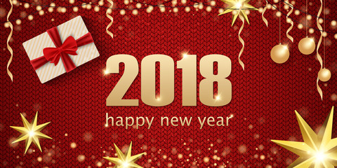 Red background with the wishes of Merry Christmas and Happy New Year. Greeting card or banner template. Christmas toys and gifts. Vector illustration.