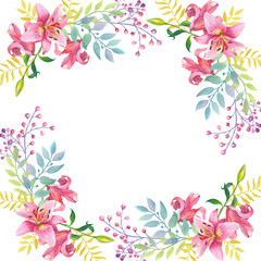 Obraz na płótnie Canvas Pink lilies.Floral Watercolor flowers wreath