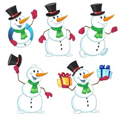 Illustration of a cartoon snowman with gifts in hands.