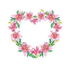 Pink lilies.Floral Watercolor flowers wreath