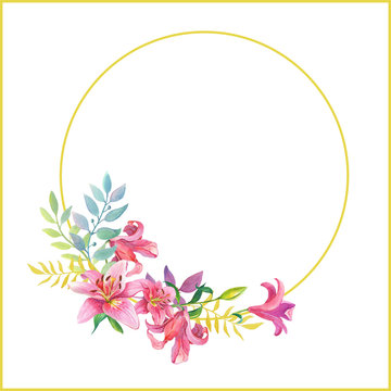 Pink lilies.Floral Watercolor flowers wreath