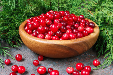Juicy ripe berry cranberries in a wooden bowl on a dark background with copy space