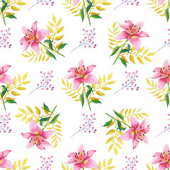 Pink Lilies.Watercolor Seamless pattern