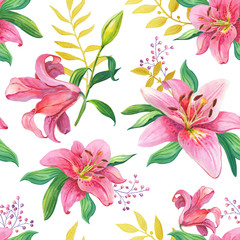 Fototapeta na wymiar Pink Lilies.Watercolor Seamless pattern