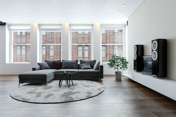 Spacious living room with sofa and hi-fi system