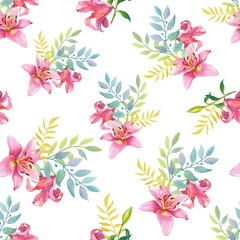 Pink Lilies.Watercolor Seamless pattern