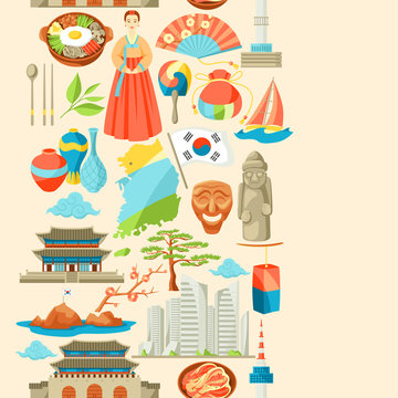 South Korea seamless pattern. Korean traditional symbols and objects