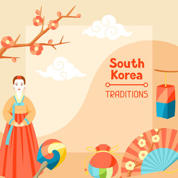 South Korea traditions. Korean banner design with traditional symbols and objects
