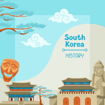 South Korea history. Korean banner design with traditional symbols and objects