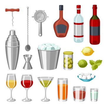 Cocktail bar set. Essential tools, glassware, mixers and garnishes.