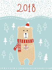 Hand drawn Christmas greeting card with bear and gift