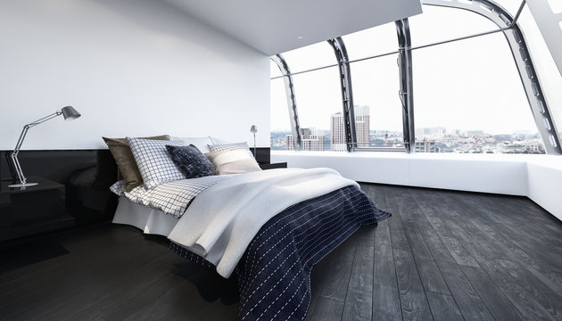 Bett in Luxus Schlafzimmer mit Holzboden