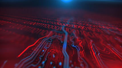 Technology background. Circuit board futuristic server code processing. PCB, Code, HTML. Blue and Red background with digital integrated network technology. Printed circuit board.