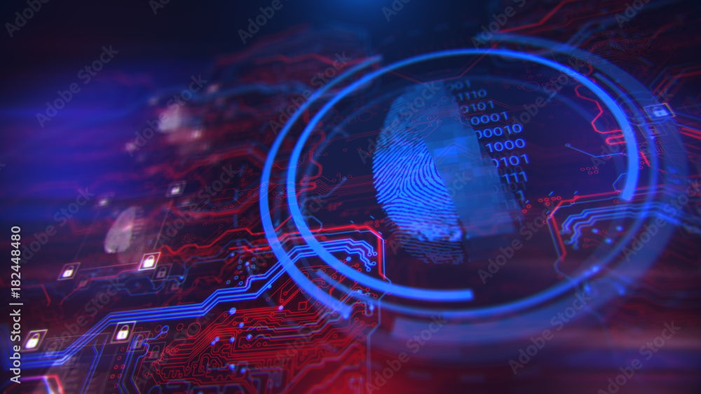 Poster cybersecurity and information technology. blue, red background with digital integrated network techn
