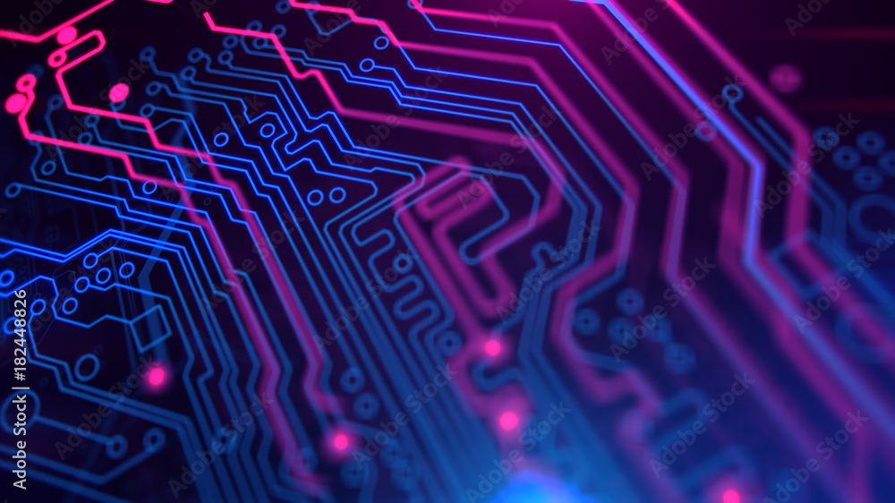 Poster purple, violet, blue neon background with digital integrated network technology. printed circuit boa