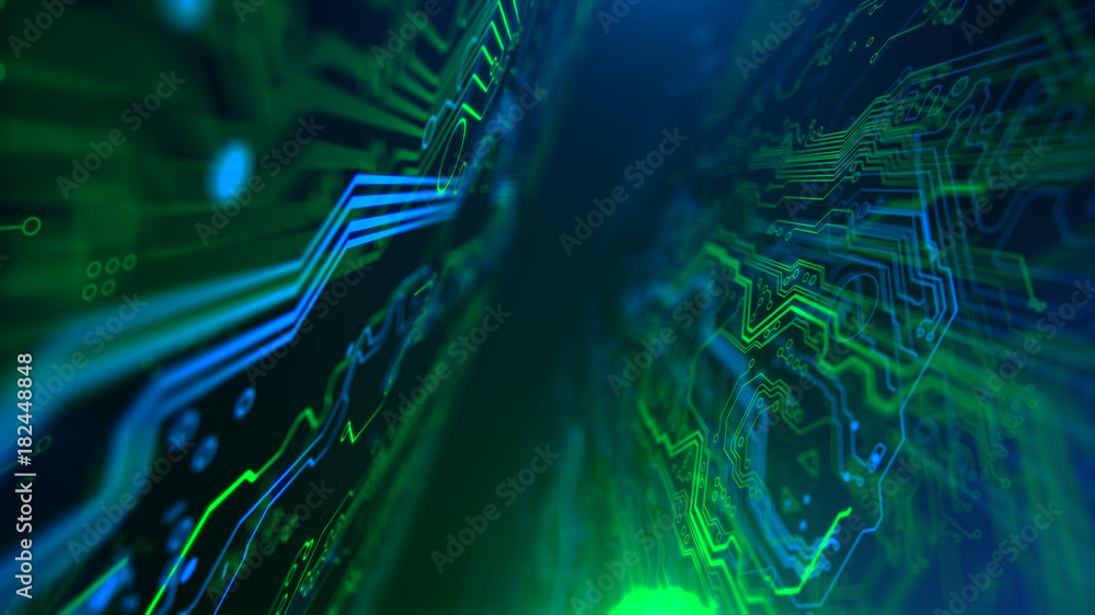 Poster Abstract Technology background Circuit board futuristic server code processing PCB, Code, HTML Blue, green background with digital integrated network technology Printed circuit board