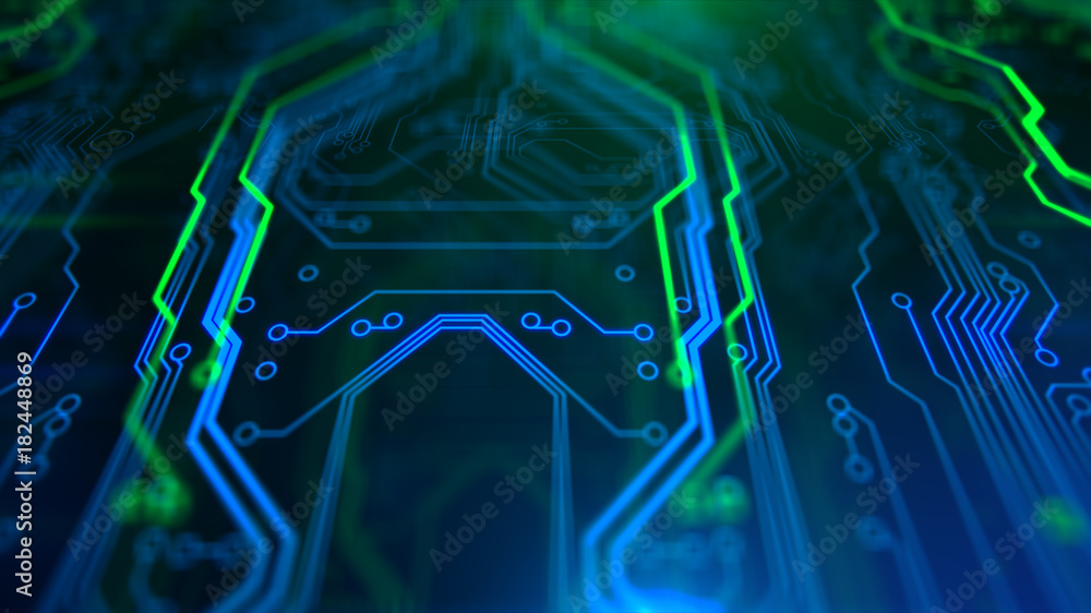 Poster Abstract Technology background Circuit board futuristic server code processing PCB, Code, HTML Blue, green background with digital integrated network technology Printed circuit board