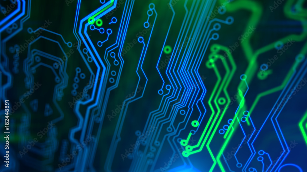 Poster Abstract Technology background Circuit board futuristic server code processing PCB, Code, HTML Blue, green background with digital integrated network technology Printed circuit board