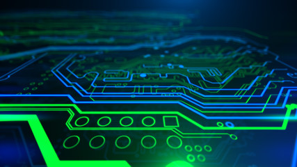 Abstract Technology background Circuit board futuristic server code processing PCB, Code, HTML Blue, green background with digital integrated network technology Printed circuit board