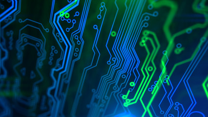 Abstract Technology background Circuit board futuristic server code processing PCB, Code, HTML Blue, green background with digital integrated network technology Printed circuit board