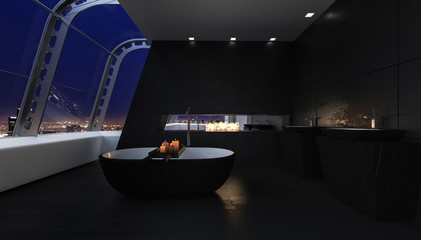 Open roof penthouse bathroom under night sky - obrazy, fototapety, plakaty