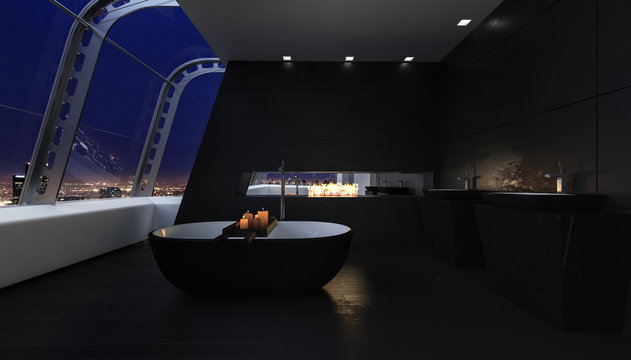 Open Roof Penthouse Bathroom Under Night Sky