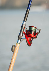 Close-up view of Fishing rod with spinning.