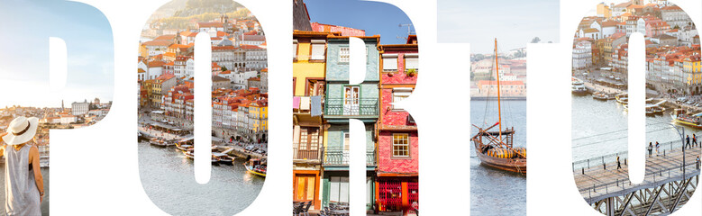 Porto letters filled with pictures of famous places in Porto city, Portugal - obrazy, fototapety, plakaty