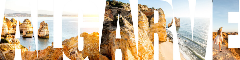 Algarve letters filled with pictures of the beautiful landscapes from this region in Portugal - obrazy, fototapety, plakaty