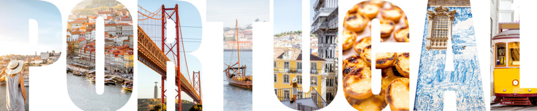 Portugal letters filled with pictures of famous places and landmarks in Portugal