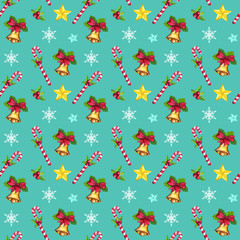 Christmas seamless pattern with stars, candy cane, xmas bells and snowflakes. Christmas holiday  wrapping paper. Background with hand painted watercolor elements.