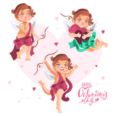 Cute cupids set. Adorable cartoon cupids with wings and bows, sweet facial expressions. Valentine's day design elements