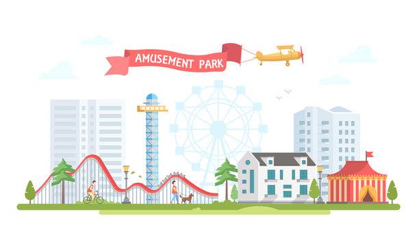 City with amusement park - modern flat design style vector illustration