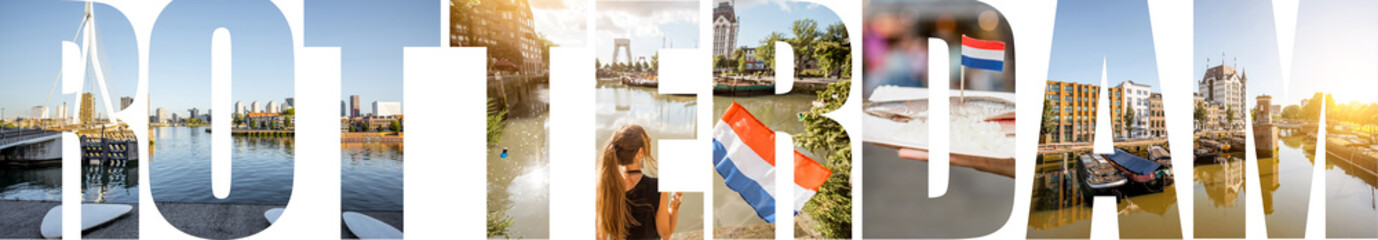 ROTTERDAM letters filled with pictures of famous places and cityscapes in Rotterdam city,...