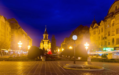 Fototapeta na wymiar Lighted Victoriei Square and Orthodox Cathedral, Timisoara