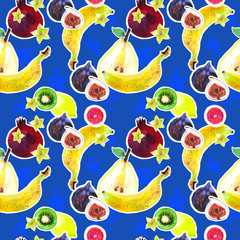 Pattern with lemon and other watercolor bright fruits on  paper.