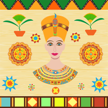 Pharaoh Cleopatra or Nefertiti are depicted in ancient Egyptian style with a crown on an antique cloth or papyrus with traditional patterns and ornaments