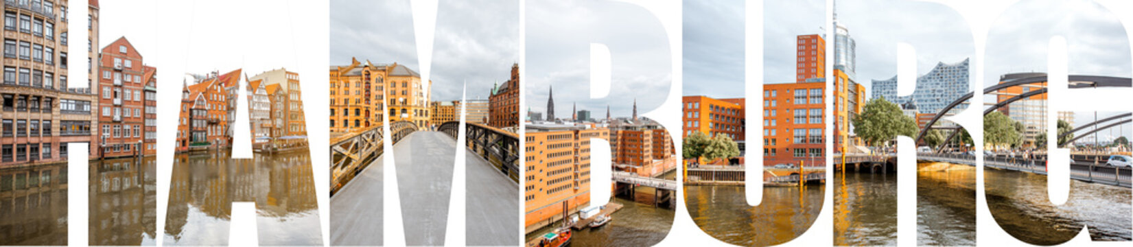 HAMBURG letters filled with pictures of famous places and cityscapes in Hamburg city, Germany