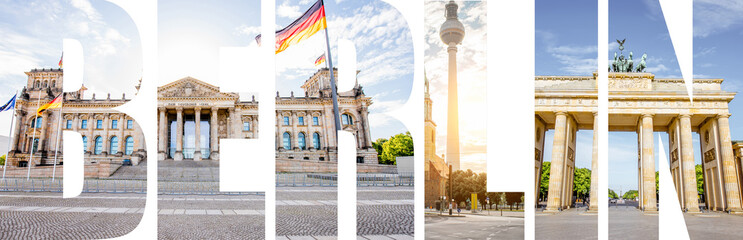 BERLIN letters filled with pictures of famous places and cityscapes in Berlin city, Germany - obrazy, fototapety, plakaty