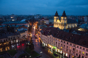 Panorama of the small European city of Ivano-Frankivsk in western Ukraine, city center at night time