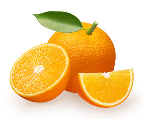 Whole fresh orange fruit with green leaf, half and slice