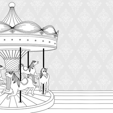 Hand drawn black and white illustration of a carousel with horses, coloring book page
