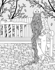 Hand drawn illustration of an old man with a very long beard, sitting on a bench in the park