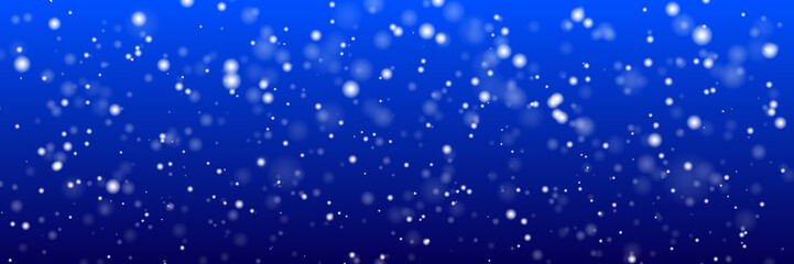 Christmas panoramic background. White snow flakes on a blue background. New Year`s vector illustration.