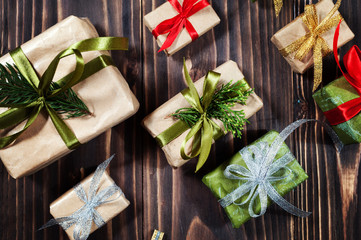 Christmas gift boxes collection for mock up template design. View from above. Flat lay.